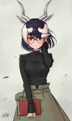 Rule 34 | alternate costume, antelope ears, antelope horns, black hair, black sweater, blackbuck (kemono friends), blush, book, casual, commentary request, cowboy shot, extra ears, glasses, green skirt, hand in own hair, high-waist skirt, highres, kemono friends, kemono friends 3, long sleeves, looking at viewer, multicolored hair, red eyes, short hair, skirt, solo, sweater, takebi, turtleneck, turtleneck sweater, two-tone hair, white hair