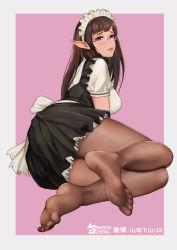 Rule 34 | 1girl, anson zheng, black pantyhose, blue eyes, brown hair, feet, foot focus, foreshortening, glasses, highres, long hair, looking at viewer, lying, maid, mole, mole under eye, on side, pantyhose, parted lips, pointy ears, sitting, soles, solo, teeth, toes, upper teeth only