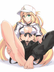 Rule 34 | 1girl, artoria caster (fate), artoria caster (swimsuit) (fate), artoria caster (swimsuit) (first ascension) (fate), artoria pendragon (fate), asymmetrical legwear, barefoot, bikini, blonde hair, fate/grand order, fate (series), green eyes, hand on own thigh, hat, highres, jacket, long hair, looking at viewer, simple background, sitting, solo, swimsuit, toes, varbecrank, very long hair, white background, white bikini, white hat, white jacket