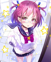 Rule 34 | 1girl, ahoge, blue sailor collar, blush, bow, classroom, colorful, desk, glasses, hair ribbon, hand on own hip, indoors, keepout, looking at viewer, open mouth, original, pink eyes, pleated skirt, red hair, ribbon, sailor collar, school, school uniform, short hair, skirt, sleeves past wrists, solo, soramu, star (symbol), window