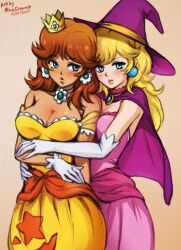 Rule 34 | 2girls, absurdres, artist name, bare shoulders, behind another, blonde hair, blue eyes, breasts, brooch, brown hair, cape, cleavage, commentary, cowboy shot, crown, dated, dress, earrings, elbow gloves, flower earrings, gloves, halloween costume, hat, highres, hug, jewelry, light blush, light smile, lips, long hair, looking at another, looking at viewer, mario (series), medium breasts, mina cream, multiple girls, nintendo, parted lips, pink dress, princess daisy, princess peach, princess peach (halloween), symbol-only commentary, tan, witch hat, yellow dress, yuri
