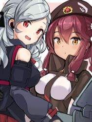 Rule 34 | 2girls, :d, :o, beret, black ribbon, blue jacket, blush, breasts, brown eyes, brown hat, brown jacket, commentary, girls&#039; frontline, hair ribbon, hat, highres, j young, jacket, long hair, looking at viewer, looking to the side, medium breasts, multiple girls, open mouth, parted lips, pink background, pleated skirt, red eyes, red hair, red skirt, ribbon, saiga-12 (girls&#039; frontline), shield module, silver hair, skirt, smile, spas-12 (girls&#039; frontline), star (symbol), two-tone background, white background