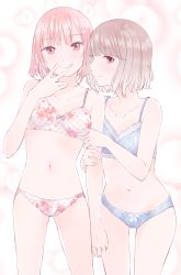 Rule 34 | 2girls, arm grab, blue bra, blue panties, bra, breasts, brown eyes, brown hair, collarbone, commentary request, cowboy shot, floral print, highres, multiple girls, navel, original, panties, pink eyes, pink hair, shichouson, short hair, small breasts, smile, standing, tongue, tongue out, underwear, underwear only, white bra, white panties, yuri