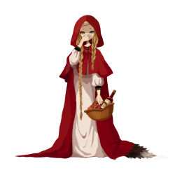 Rule 34 | 1girl, basket, blonde hair, blue eyes, bottle, braid, covering own mouth, hair over shoulder, heterochromia, hood, little red riding hood (grimm), long hair, nona drops, original, simple background, solo, tail, twin braids, very long hair, white background, wine bottle, wolf tail, yellow eyes