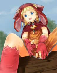 Rule 34 | 1girl, blonde hair, blue eyes, cape, from below, gloves, headpiece, okuribi, open mouth, original, red cape, red gloves, short hair, sitting, skirt hold, solo