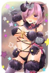 Rule 34 | 1girl, :d, animal ears, bare shoulders, blush, bow, breasts, cleavage, cowboy shot, elbow gloves, eyes visible through hair, fang, fate/grand order, fate (series), fur-trimmed gloves, fur collar, fur trim, gloves, hair over one eye, halloween costume, kemonomimi mode, large breasts, looking at viewer, maccha (okitakiri), mash kyrielight, mash kyrielight (dangerous beast), navel, o-ring, official alternate costume, open mouth, pink bow, pink eyes, pink hair, purple gloves, revealing clothes, short hair, smile, solo, standing, star (symbol), starry background, stomach, tail, wolf ears, wolf tail