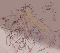 Rule 34 | 2girls, animal ears, arknights, blonde hair, blush, borrowed character, cat ears, chinese commentary, chinese text, doctor (arknights), dragon girl, dragon horns, dragon tail, eye contact, face-to-face, female doctor (arknights), green hair, horns, kal&#039;tsit (arknights), long hair, looking at another, medium hair, multiple girls, parted lips, shadow, sitting, sitting on person, sketch, tail, yufeng kaete, yuri
