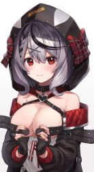 Rule 34 | 1girl, :3, animal hood, bare shoulders, belt, black hair, blush, bow, braid, breasts, cleavage, closed mouth, clothes pull, collar, commentary request, fingerless gloves, gloves, grey hair, hair ornament, hairclip, highres, hololive, hood, looking at viewer, medium breasts, medium hair, multicolored hair, multiple belts, nail polish, open belt, orca hood, plaid, plaid bow, raised eyebrows, red eyes, red nails, sakamata chloe, sakamata chloe (1st costume), shirt, shirt pull, simple background, solo, streaked hair, two-tone hair, upper body, virtual youtuber, white background, white shirt, woogi (duguddnr), x hair ornament