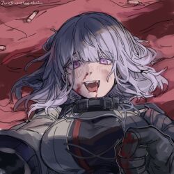 Rule 34 | 2girls, ak-15 (girls&#039; frontline), blood, blood from mouth, blood on face, blood on hands, blush, bodysuit, breasts, bullet, cable, chinese commentary, clenched hand, collar, commentary, dated, face punch, girls&#039; frontline, in the face, injury, large breasts, looking at viewer, medium hair, metal collar, multiple girls, nosebleed, on person, open mouth, pov, punching, purple eyes, purple hair, rpk-16 (girls&#039; frontline), scene reference, spoilers, twitter username, zocehuy