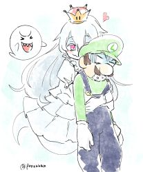 Rule 34 | &gt; &lt;, 1boy, 1girl, :d, artist name, blank eyes, blouse, blue overalls, blush, boo (mario), brown hair, colored skin, commentary, crown, dress, facial hair, foaming at the mouth, ghost, ghost tail, gloves, green hat, green shirt, hair between eyes, hat, heart, hug, hug from behind, long hair, luigi, luigi&#039;s mansion, mario (series), mustache, new super mario bros. u deluxe, nintendo, open mouth, overalls, panzuban, pink eyes, princess king boo, puffy short sleeves, puffy sleeves, sharp teeth, shirt, short sleeves, simple background, sketch, smile, super crown, teeth, turn pale, twitter username, very long hair, white background, white dress, white gloves, white hair, white skin, xd