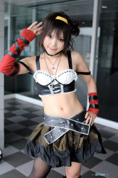 Rule 34 | 1girl, asian, belt, breasts, cosplay, cosplay photo, elbow gloves, fishnet thighhighs, fishnets, gloves, hairband, indoors, kipi-san, looking at viewer, midriff, miniskirt, photo (medium), real life, single thighhigh, skirt, small breasts, smile, solo, suzumiya haruhi, suzumiya haruhi (cosplay), suzumiya haruhi no yuuutsu, thighhighs