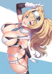 Rule 34 | 1girl, arm up, ass, bare shoulders, black panties, black thighhighs, blonde hair, blue eyes, blush, bra, breasts, butt crack, cleavage, commentary request, detached collar, frilled panties, frills, from above, gambier bay (kancolle), garter belt, gloves, hairband, highres, kantai collection, konnyaku (kk-monmon), large breasts, lingerie, long hair, looking at viewer, necktie, open mouth, panties, panties over garter belt, simple background, skindentation, smile, solo, thighhighs, twintails, twitter username, underwear, underwear only, white gloves