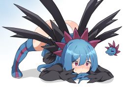 Rule 34 | 1girl, blue footwear, blue gloves, blue hair, blue skirt, blush, boots, chibi, chibi inset, closed mouth, clothes lift, commentary request, creatures (company), game freak, gen 5 pokemon, gloves, hair between eyes, hair ornament, hydreigon, jack-o&#039; challenge, long hair, maks (makusu 210), nintendo, panties, personification, pokemon, purple eyes, shiny skin, skirt, skirt lift, sweatdrop, thigh boots, thighhighs, underwear, white panties