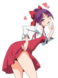 Rule 34 | 1girl, ass, blunt bangs, blush, breasts, choker, clothes lift, dress, dress lift, gegege no kitarou, haganemaru kennosuke, hair bun, heart, jewelry, lifted by self, long sleeves, looking at viewer, looking back, medium breasts, nekomusume, nekomusume (gegege no kitarou 6), open mouth, parted bangs, pendant, pointy ears, purple hair, red dress, ribbon, shirt, short hair, simple background, single hair bun, solo, white background, white shirt, yellow eyes