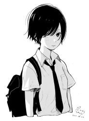 Rule 34 | 1girl, backpack, bag, black hair, blank stare, breast pocket, collared shirt, commentary, dated, expressionless, greyscale, hair over one eye, looking at viewer, monochrome, nakamura hinata, necktie, original, pocket, shirt, shirt pocket, short hair, short sleeves, signature, simple background, solo, tomboy, upper body, wing collar