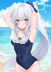 Rule 34 | 1girl, armpits, beach, black one-piece swimsuit, blue archive, blue halo, blush, breasts, collarbone, commentary, cowboy shot, day, frilled one-piece swimsuit, frills, grey hair, halo, hands in own hair, highres, long hair, looking at viewer, miyako (blue archive), miyako (swimsuit) (blue archive), ocean, off-shoulder one-piece swimsuit, off shoulder, official alternate costume, one-piece swimsuit, outdoors, parted lips, ponytail, purple eyes, sasakichi (ssk chi), small breasts, solo, swimsuit