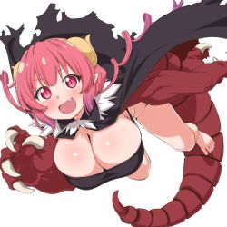 Rule 34 | 1girl, breasts, cloak, commentary, dragon claw, dragon girl, dragon horns, dragon tail, drill hair, english commentary, fang, horns, huge breasts, ilulu (maidragon), kobayashi-san chi no maidragon, loliconder, looking at viewer, pink hair, pointy ears, red eyes, shortstack, slit pupils, solo, tail, twin drills, twintails, white background
