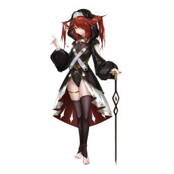 Rule 34 | 1girl, barefoot, biuyuyu, black leotard, cane, full body, highres, holding, holding cane, hood, leotard, nail polish, nun, puffy sleeves, red hair, solo, standing, tachi-e, thighhighs, toenail polish, toenails, toes, transparent background, white background, yellow eyes