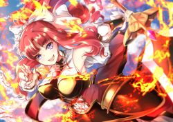 Rule 34 | 1girl, akino (princess connect!), bare shoulders, bow, breasts, flaming sword, flaming weapon, hair bow, hero (10cl3), highres, jewelry, large breasts, long hair, looking at viewer, open mouth, ponytail, princess connect!, purple eyes, red hair, sidelocks, smile, solo, sword, weapon, white bow