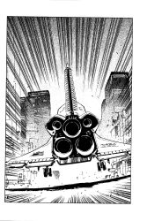 Rule 34 | ariel (novel), city, from behind, greyscale, highres, landing gear, monochrome, motion lines, no humans, novel illustration, official art, scan, space shuttle, spacecraft, suzuki masahisa, third-party source, thrusters, vehicle focus