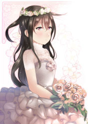 Rule 34 | 1girl, alternate costume, bad id, bad pixiv id, black hair, blush, bouquet, dress, flower, frilled sleeves, frills, hatsushimo (kancolle), head wreath, juurouta, kantai collection, long hair, open mouth, red eyes, rose, smile, solo, tiara, wedding dress, white dress