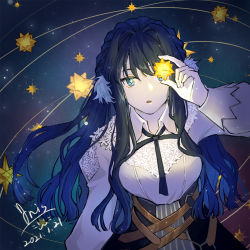 Rule 34 | 1girl, arknights, astesia (arknights), blue eyes, blue hair, dated, dress, floral print, glowing, iris@work, long hair, signature, sky, small stellated dodecahedron, solo, star (sky), star (symbol), starry sky