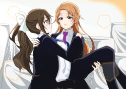 Rule 34 | 2girls, black pants, black suit, blue eyes, blue necktie, blush, breasts, brown hair, carrying, closed mouth, collared shirt, formal, hair ribbon, hand on another&#039;s back, hand on another&#039;s shoulder, highres, konoe kanata, long hair, looking at another, love live!, love live! nijigasaki high school idol club, medium breasts, multiple girls, necktie, orange hair, osaka shizuku, pants, parted bangs, parted lips, ponytail, princess carry, purple eyes, purple necktie, ribbon, shirt, suit, upper body, white ribbon, white shirt, yumel lot, yuri