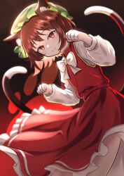 Rule 34 | 1girl, absurdres, animal ear piercing, animal ears, bow, bowtie, brown hair, cat ears, cat girl, cat tail, chen, clenched hand, commentary, frilled skirt, frills, gradient background, green hat, hat, highres, long sleeves, mob cap, multiple tails, nekomata, red shirt, red skirt, rinkaito1231, shirt, short hair, skirt, solo, symbol-only commentary, tail, touhou, two tails, white bow, white bowtie