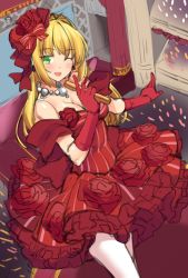 Rule 34 | 1girl, bad id, bad pixiv id, blush, braid, breasts, cleavage, dress, fate/extra, fate/grand order, fate (series), gloves, green eyes, holding, holding microphone, jewelry, large breasts, looking at viewer, microphone, nail polish, necklace, nero claudius (fate), nero claudius (fate) (all), nero claudius (fate/extra), official alternate costume, one eye closed, pearl necklace, red dress, red gloves, red nails, shirokuma a, smile, solo