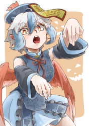 Rule 34 | 1girl, bird wings, blue hair, blue skirt, border, detached sleeves, hair between eyes, halloween costume, highres, horns, jiangshi, looking at viewer, multicolored hair, ofuda, open mouth, outstretched arms, red eyes, red wings, short hair, skirt, solo, tokiko (touhou), touhou, two-tone hair, white border, white hair, wings, yuutaishi, zombie pose