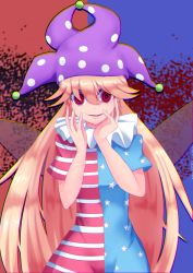 Rule 34 | 1girl, absurdres, american flag, american flag dress, american flag legwear, artist request, blonde hair, chromatic aberration, clownpiece, dress, fairy, fairy wings, frilled shirt collar, frills, hands on own face, hat, highres, jester cap, long hair, nagyo, neck ruff, pink eyes, polka dot, short sleeves, smile, solo, star (symbol), star print, torch, touhou, very long hair, wings