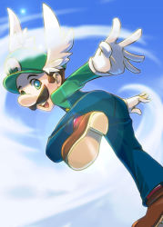 Rule 34 | 1boy, blue eyes, brown hair, facial hair, feathers, flying, from behind, gloves, hat, head wings, looking back, luigi, male focus, mario (series), mustache, nintendo, overalls, saiha, sky, solo, super mario 64, super mario 64 ds, super mario bros. 1, suspenders, wings