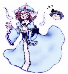Rule 34 | 2girls, :&gt;, arm garter, bad id, bad vkontakte id, blue dress, dress, expressionless, floating, frilled dress, frilled sleeves, frills, full body, ghost, hair ribbon, hairband, hat, head, highres, hitodama, japanese clothes, konpaku youmu, looking at another, moonywitcher, multiple girls, open mouth, pink eyes, pink hair, purple hair, ribbon, russian text, saigyouji yuyuko, sash, short hair, silver hair, simple background, talking, text focus, touhou, translated, triangle mouth, triangular headpiece, wavy hair, white background