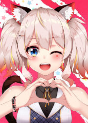 Rule 34 | 1girl, ;d, animal ears, bare shoulders, black shirt, blonde hair, blue eyes, blush, cat ears, cat girl, cat hair ornament, cat tail, collared shirt, commentary request, dress shirt, facial mark, fangs, greyscale, hair between eyes, hair ornament, hairclip, hands up, heart, heart hands, jacket, liu guniang, monochrome, multicolored hair, neck ribbon, one eye closed, open mouth, original, ribbon, shirt, sleeveless, sleeveless shirt, smile, solo, star (symbol), starry background, tail, teeth, twintails, two-tone hair, upper teeth only, white jacket, yellow ribbon