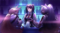 Rule 34 | 3girls, animal ears, arknights, artist name, bar (place), bartender, bottle, cat ears, cat girl, crossover, gloves, highres, holding, holding towel, jill stingray, long hair, multiple girls, necktie, pink hair, ponytail, pozyomka (arknights), purple hair, red eyes, schwarz (arknights), towel, twintails, va-11 hall-a, wine bottle, wolf ears, wolf girl, yellow eyes, zahwanauli