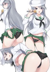 Rule 34 | 10s, 1girl, ass, bad id, bad pixiv id, bent over, black panties, blush, breasts, chestnut mouth, flint (girls und panzer), girls und panzer, gluteal fold, green skirt, grey hair, hair between eyes, hand on own hip, hat, highres, japanese clothes, kimono, lace, lace panties, long hair, looking at viewer, looking back, medium breasts, microphone, midriff peek, multiple views, navel, ooarai school uniform, open mouth, panties, school uniform, skirt, sweat, sweatdrop, underboob, underwear, very long hair, white background, yoi naosuke