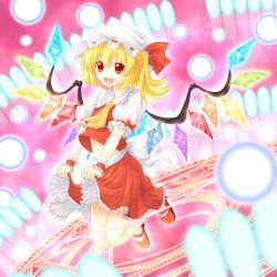 Rule 34 | 1girl, :d, ascot, blonde hair, bow, clothes lift, danmaku, embodiment of scarlet devil, female focus, flandre scarlet, gradient background, hat, hat ribbon, heart, highres, large bow, magic circle, mary janes, midriff, navel, open mouth, red eyes, ribbon, shimada (simada bu), shoes, short hair, side ponytail, skirt, skirt lift, skirt set, smile, solo, spell card, touhou, wings, wrist cuffs