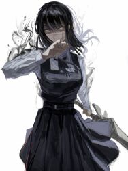 Rule 34 | 1girl, aura, black dress, black hair, black ribbon, chainsaw man, cowboy shot, dress, hand up, highres, holding, holding sword, holding weapon, kota 2kx, long hair, long sleeves, looking at viewer, neck ribbon, ribbon, ringed eyes, scar, scar on face, school uniform, simple background, solo, standing, sword, weapon, white background, white dress, yellow eyes, yoru (chainsaw man)