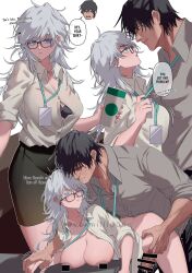Rule 34 | 1boy, 1girl, puff of air, ass, bar censor, black hair, blue eyes, blush, bra, breasts, censored, closed mouth, commentary request, cum, english text, erection, fushiguro touji, genderswap, genderswap (mtf), glasses, gojou satoru, green eyes, hand on another&#039;s hip, hetero, highres, holding, jujutsu kaisen, large breasts, large penis, long hair, looking at another, nail polish, nipples, office lady, open clothes, open shirt, penis, scar, scar on face, scar on mouth, shinoda giri, shirt, short hair, skirt, speech bubble, trembling, underwear, white hair