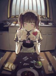 Rule 34 | absurdres, black bow, black choker, black ribbon, blood, bloody knife, blush, bobby pin, bow, bread, brown hair, cabinet, choker, chopsticks, cooking pot, cup, cutting board, egg, egg (food), fingernails, fisheye, food, frilled choker, frills, frying pan, hair bow, heart, heart-shaped pupils, highres, indoors, kitchen, knife, kotobuki nashiko, looking at viewer, maid, maid headdress, medium hair, multicolored eyes, multicolored hair, original, photo (object), pink eyes, planted, planted knife, planted weapon, plate, purple hair, ribbon, ripping, salad, sink, sitting, spoon, streaked hair, symbol-shaped pupils, tile wall, tiles, tomato, torn, twintails, water, weapon, window, window shadow, yandere