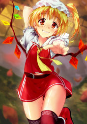 Rule 34 | 1girl, absurdres, arm behind head, arm up, ascot, bare arms, belt, blonde hair, blouse, blurry, blurry background, cowboy shot, crystal, flandre scarlet, foreshortening, frilled sleeves, frills, fur-trimmed footwear, fur trim, gluteal fold, grin, hand up, head tilt, high ponytail, highres, long hair, looking at viewer, midriff peek, miniskirt, nanase nanami, navel, outstretched arm, reaching, reaching towards viewer, red eyes, red footwear, red skirt, red thighhighs, red vest, shirt, shoes, short sleeves, side ponytail, skirt, smile, solo, stomach, thigh gap, thighhighs, touhou, vest, wavy mouth, white shirt, wings, yellow ascot, zettai ryouiki