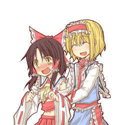 Rule 34 | 2girls, :d, ^ ^, alice margatroid, alternate eye color, blonde hair, blush, bow, brown hair, capelet, closed eyes, closed eyes, female focus, frills, from behind, hair bow, hair tubes, hairband, hakurei reimu, large bow, multiple girls, natsuk, open mouth, slit pupils, smile, touhou, yellow eyes
