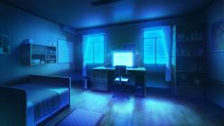 Rule 34 | air conditioner, bed, blue theme, book, bookshelf, carpet, chair, computer, curtains, desk lamp, highres, indoors, lamp, monitor, neon lights, night, no humans, original, painting (object), rkmlady, scenery, shelf, trash can, window