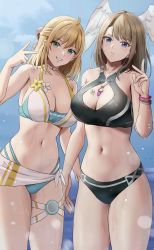 Rule 34 | 2girls, alternate costume, amayo thranana, bikini, blonde hair, blue eyes, blue pupils, blush, bracelet, breast tattoo, breasts, brown hair, cleavage, cloud, cloudy sky, cosplay, costume switch, eunie (xenoblade), eunie (xenoblade) (cosplay), fiora (xenoblade), fiora (xenoblade) (cosplay), green eyes, head wings, highres, jewelry, large breasts, long hair, looking at viewer, medium hair, multiple girls, navel, open mouth, outdoors, short hair, side-by-side, simple background, sky, smile, stomach, swimsuit, tattoo, upper body, white wings, wings, xenoblade chronicles (series), xenoblade chronicles 1, xenoblade chronicles 3