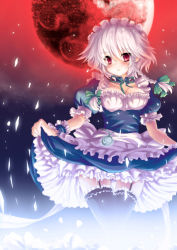 Rule 34 | 1girl, apron, braid, breasts, cleavage, clothes lift, curtsey, embodiment of scarlet devil, expressionless, female focus, garter belt, garter straps, highres, izayoi sakuya, maid, maid apron, moon, no panties, north abyssor, panties, pocket watch, red eyes, red moon, short hair, silver hair, skirt, skirt lift, solo, thighhighs, touhou, twin braids, underwear, upskirt, watch