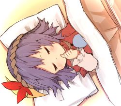 Rule 34 | 1girl, aged down, closed eyes, dutch angle, finger in own mouth, hair ornament, highres, leaf hair ornament, long sleeves, lying, on back, pillow, purple hair, rope, rope necklace, short hair, sleeping, solo, tatuhiro, touhou, under covers, yasaka kanako