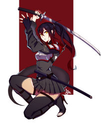Rule 34 | 1girl, absurdres, armor, belt, black gloves, black hair, black thighhighs, breastplate, distr, fighting stance, fingerless gloves, from side, gloves, gradient hair, grey skirt, hair between eyes, highres, holding, holding sword, holding weapon, katana, looking at viewer, miniskirt, multicolored hair, on one knee, original, parted lips, pleated skirt, ponytail, red background, red hair, scabbard, sheath, signature, skirt, solo, sword, thighhighs, toeless footwear, unsheathed, weapon, yellow eyes