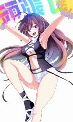Rule 34 | 1girl, :d, adapted costume, ahoge, amisu, armpits, arms up, breasts, brown hair, cheerleader, commentary request, gradient hair, hijiri byakuren, knee up, long hair, looking at viewer, multicolored hair, navel, open mouth, pom pom (cheerleading), purple eyes, purple hair, short shorts, shorts, sleeveless, smile, solo, sorcerer&#039;s sutra scroll, standing, sweat, touhou, two-tone hair, underboob, white background