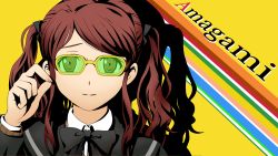 Rule 34 | 1girl, amagami, atlus, bespectacled, brown eyes, brown hair, copyright name, glasses, lips, makisige, nakata sae, parody, persona, persona 4, school uniform, solo, style parody, twintails, yellow-framed eyewear