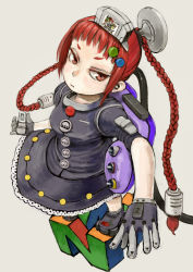 Rule 34 | 1girl, braid, breasts, brown background, controller, dress, ebimomo, frown, gloves, hair ornament, hairclip, highres, logo, long hair, looking up, nintendo, original, personification, red eyes, red hair, sidelocks, simple background, solo, twin braids, very long hair
